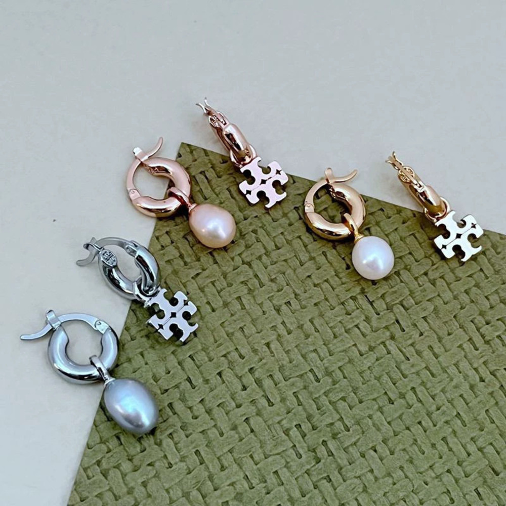 Tory Burch Freshwater Pearl Letter Asymmetrical Metal Earrings